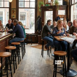 Super-Seat | Tables en bois, tabourets de bar en métal noir/brun, pub avec de grandes fenêtres et des gens. | Mobilier de restauration