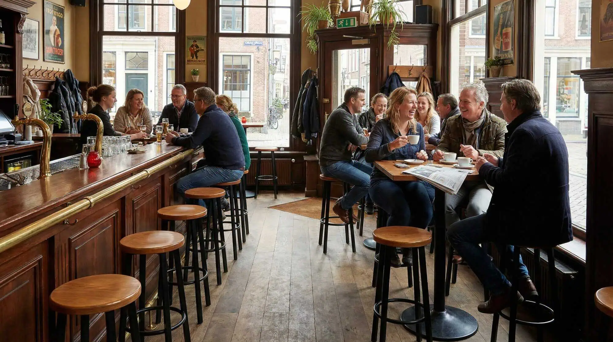 Super-Seat | Tables en bois, tabourets de bar en métal noir/brun, pub avec de grandes fenêtres et des gens. | Mobilier de restauration