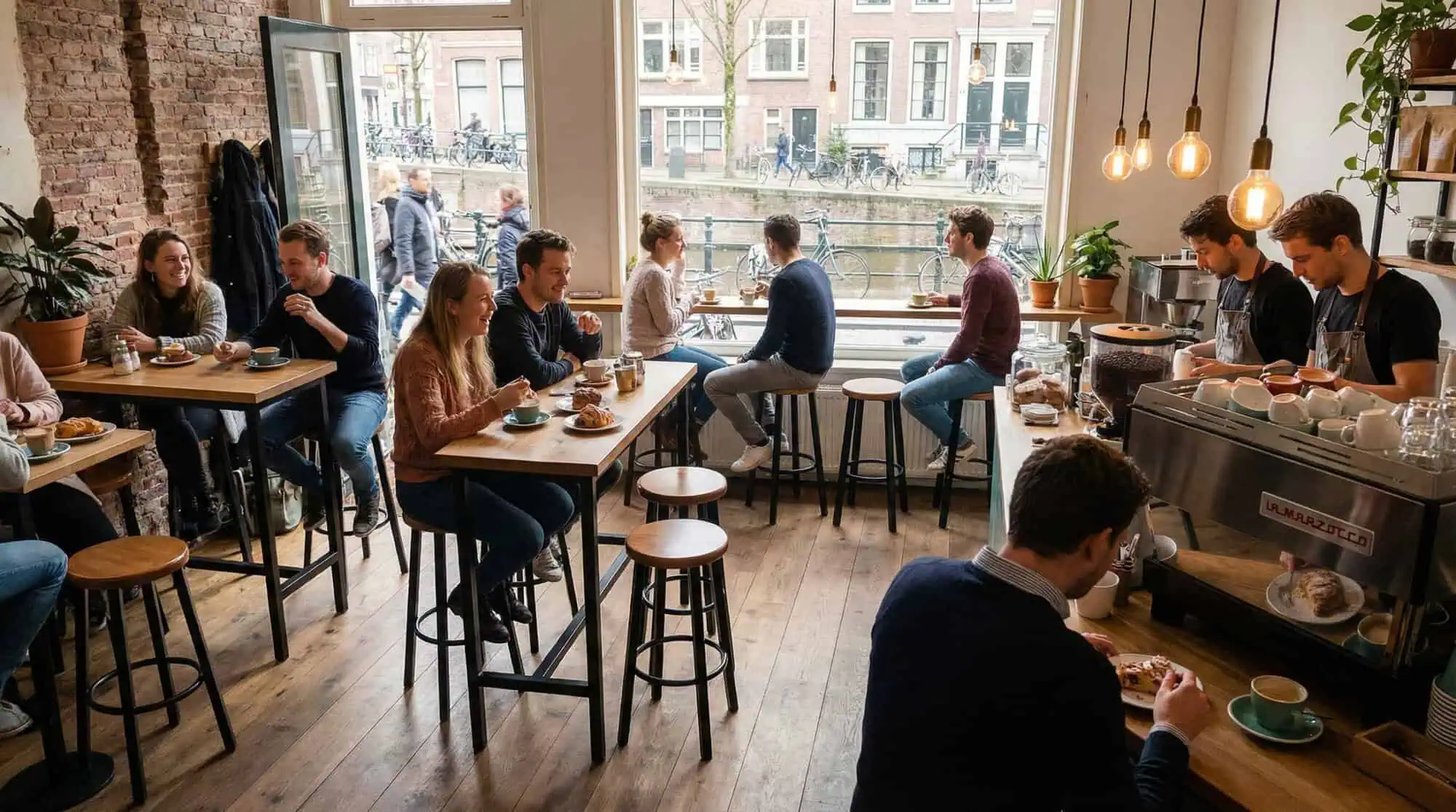 Super-Seat |Tabourets de bar industriels marron/noir Tabourets de bar industriels marron et noirs à des tables en bois dans un café attrayant avec de grandes fenêtres, sol en bois. | Mobilier de restauration