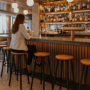 Super-Seat | Tabourets de bar industriels noir | Zwarte industriële barkrukken van metaal bij een bar, witte blazer, houten bartafel, glazen wijn. | Horecameubilair