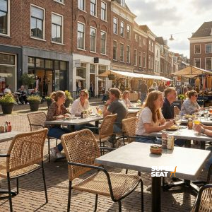 Super-Seat | Des chaises de terrasse en plastique vert et des tables en métal remplissent ce café de rue animé. | Mobilier de restauration