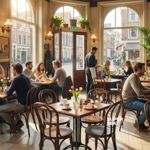 Super-Seat | Chaises empilables Thon en bois brun foncé et tables en bois dans un café très fréquenté avec des fleurs et la lumière du soleil. | Mobilier de restauration