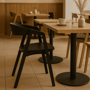 Super-Seat | Chaises de salle à manger scandinaves bois noir tables en bois, chaises noires, tons neutres, herbe de la pampa dans un vase. | Mobilier pour la restauration
