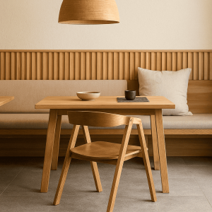 Super-Seat | Malmo chaises d'accueil scandinaves en bois brun miel | Stoelen, bank en tafel van honingbruin hout, beige kussen op de bank, Scandinavisch design. | Horecameubilair