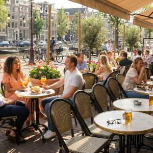 Super-Seat | Table de terrasse en fonte 3 ados Paris noir | Tables en fonte et chaises en métal noires au bord d'un canal au soleil. | Mobilier de restauration