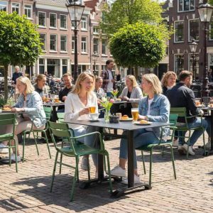 Super-Seat |HPL hospitalité (terrasse) plateaux de table lune relief noir 120x70cm Tables noires en HPL, chaises vertes, place en briques, vélos, arbres. | Mobilier de restauration