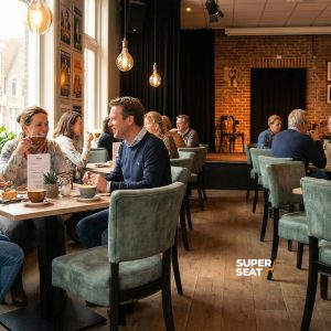 Super-Seat | Lisa Rome hospitality chairs velour vintage green Chaises vertes en velours, tables en bois dans un café aux murs de briques et à l'atmosphère chaleureuse. | Mobilier de restauration