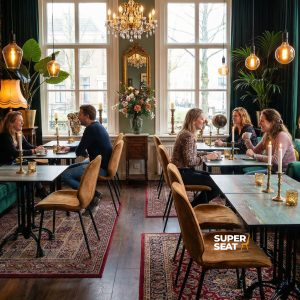 Super-Seat |HPL Hospitality Terrace Tables Banquettes en velours, tables en HPL couleur cuivre et rouille 70x70cm ; décor de café vintage avec sièges. | Mobilier de restauration