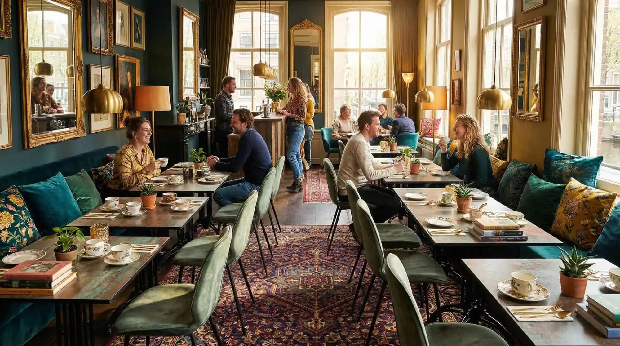 Super-Seat | Plateau de table HPL rouille et cuivre 70x70cm Chaises en velours vert, tables en cuivre et rouille, personnes en train de manger. | Mobilier de restauration