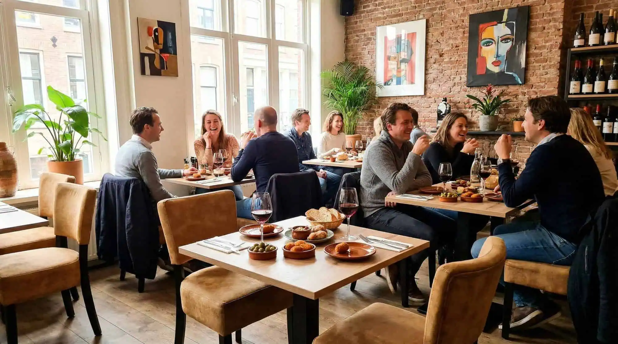 Super-Seat | Lisa Rome hospitality chairs velour ochre | Chaises en velours jaune ochre, tables en bois dans un restaurant en briques, bouteilles de vin sur des étagères. | Mobilier de restauration