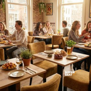Super-Seat | Chaises en velours jaune et tables en bois, murs en briques, grandes fenêtres, beaucoup de lumière. | Mobilier de restauration