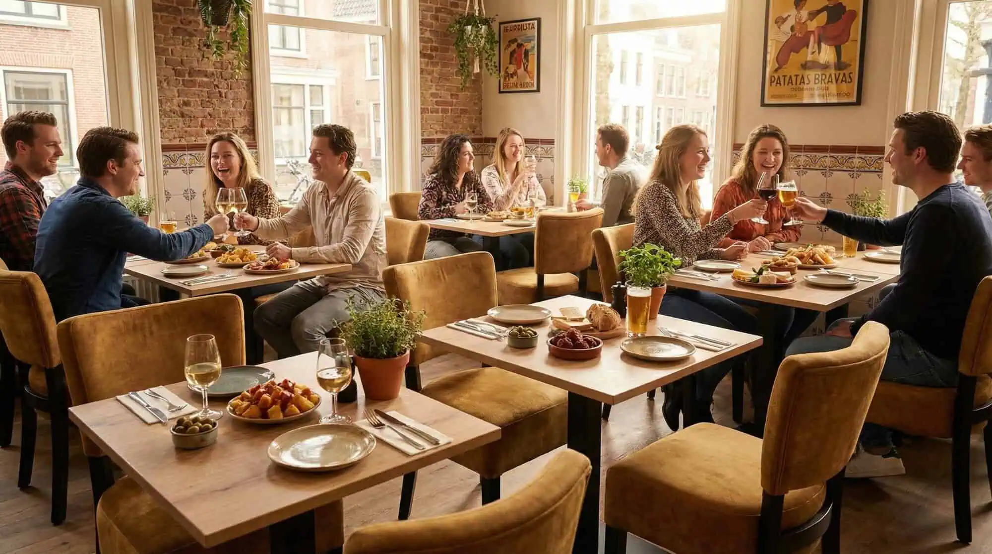 Super-Seat | Chaises en velours jaune et tables en bois, murs en briques, grandes fenêtres, beaucoup de lumière. | Mobilier de restauration