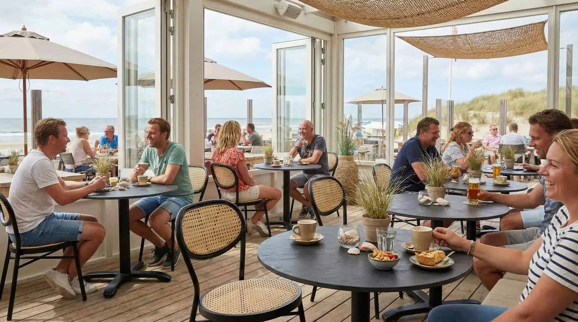 Super-Seat | Chaises et tabourets de bar noirs autour de tables en HPL noir rouille/cuivre, vue sur les dunes et la mer. | Mobilier de restauration