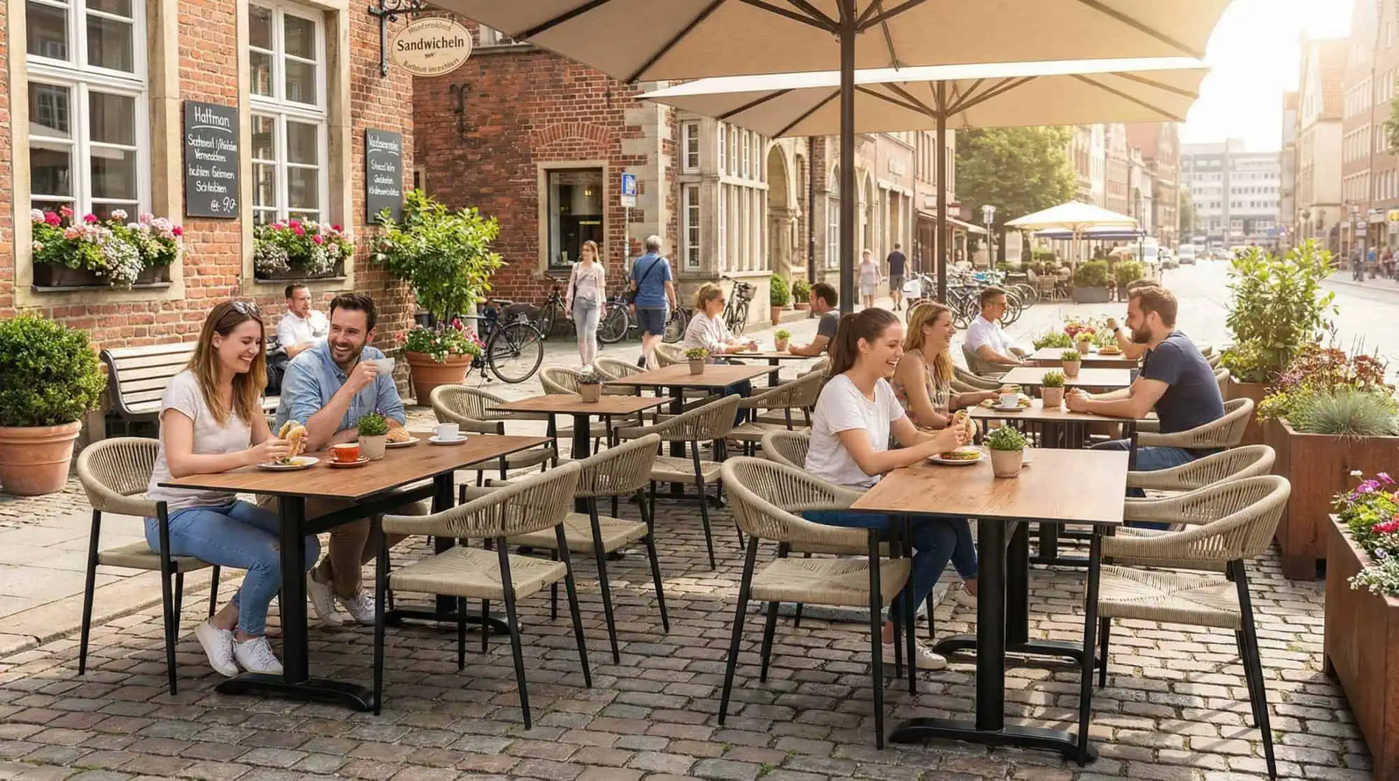 Super-Seat | Vous voyez des tables de terrasse en teck, des chaises en métal, des bacs à fleurs et de grands parasols dans une rue pavée. | Mobilier de restauration