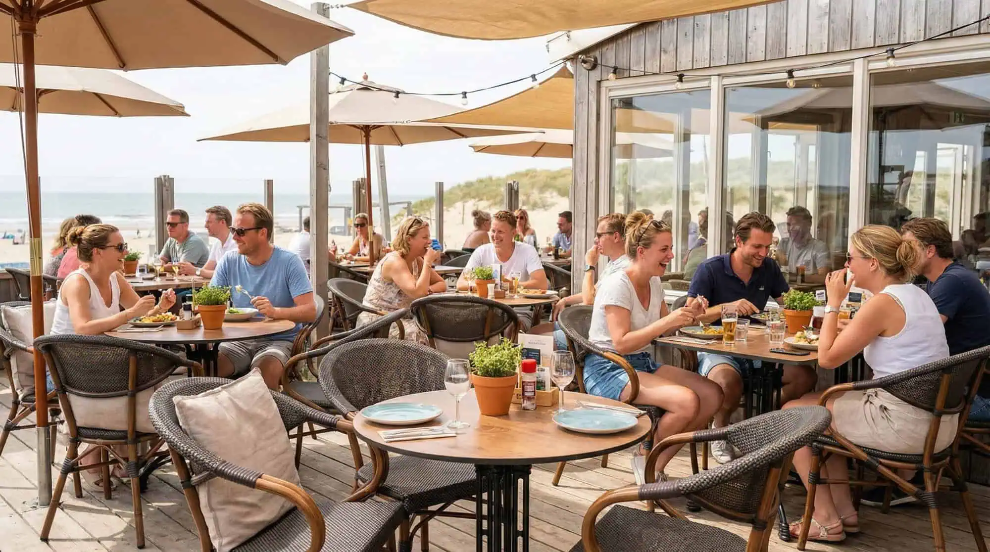 Super-Seat |Tables rondes en bois teck 70cm, chaises en métal noir, parasols, dunes de sable en arrière-plan. | Mobilier de restauration