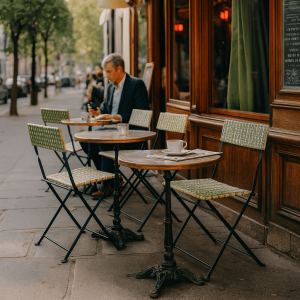 Super-Seat | Paris Café Seating | Chaises pliantes en plastique rétro turquoise, petites tables rondes à l'extérieur d'un café, homme en train de manger, devanture en bois. | Horecameubilair