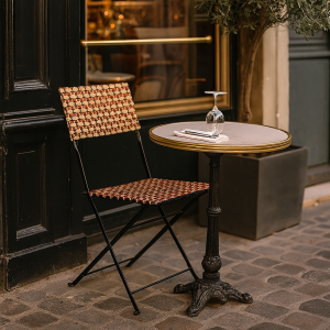 Super-Seat | Une petite table ronde de café avec une chaise pliante parisienne en rotin (terrasse) Prada... | Chaise pliante en plastique rotin blanc avec structure en métal, table ronde en bois, verre et grand pot de fleurs à proximité. | Mobilier pour la restauration