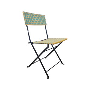 Super-Seat | Chaise pliante en rotin plastique Paris | Structure légère en métal noir avec motif boho bleu et jaune. | Mobilier de restauration