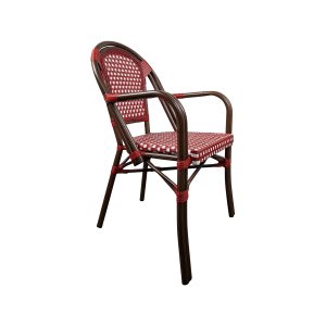 Super-Seat | Titre du message | La chaise d'accueil en osier café de Paris a une assise et un dossier tressés rouges, une structure marron foncé avec des accoudoirs incurvés, et des pieds légèrement inclinés pour la stabilité. Convient pour une utilisation à l'intérieur ou à l'extérieur de la terrasse. |. | Mobilier de restauration