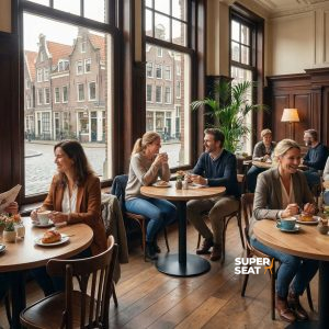 Super-Seat | Tables rondes en bois avec piètement en métal noir, chaises en bois, plantes et couleurs chaudes de café. | Mobilier de restauration