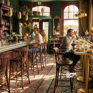 Super-Seat | Intérieur de restaurant confortable | Murs verts, canapés fleuris, chaises rouges Café de Paris et chaises de terrasse en osier avec accoudoirs. | Mobilier de restauration