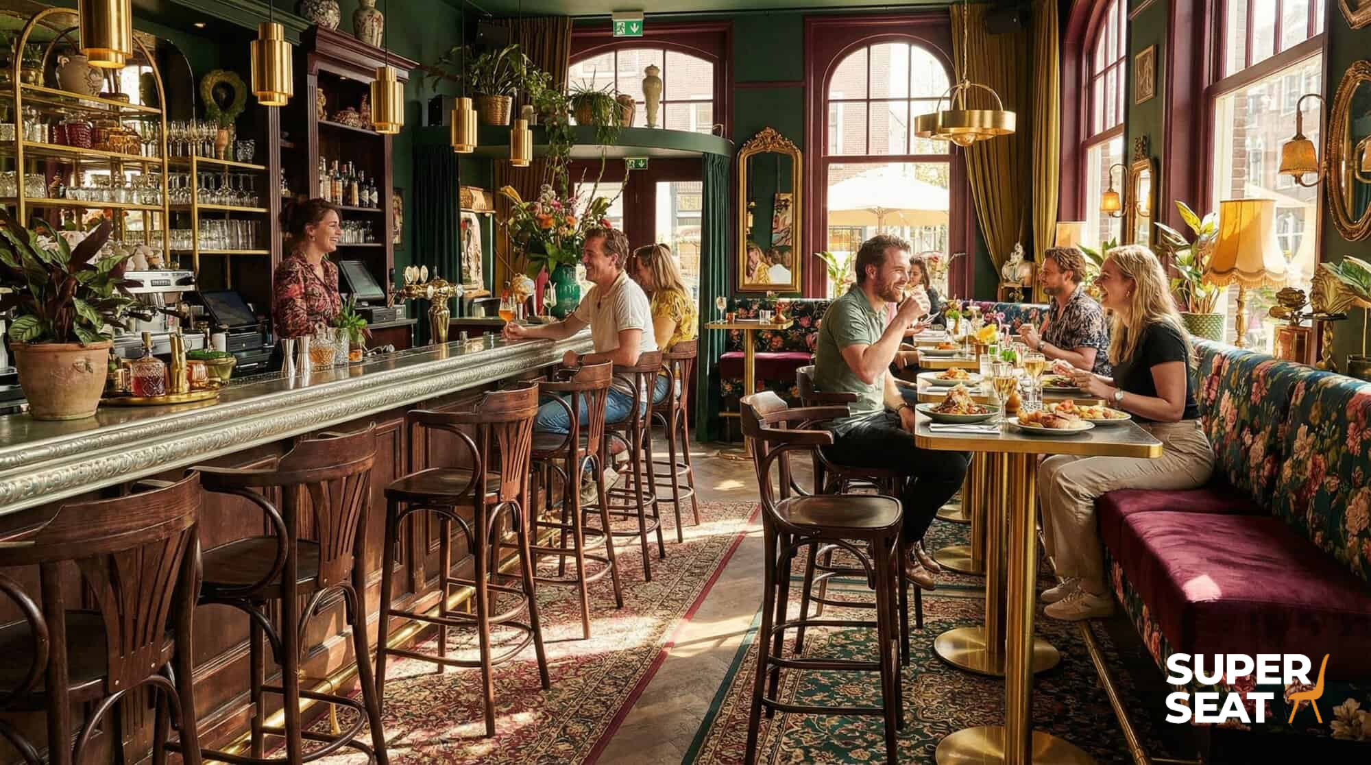 Super-Seat | Intérieur de restaurant confortable | Murs verts, canapés fleuris, chaises rouges Café de Paris et chaises de terrasse en osier avec accoudoirs. | Mobilier de restauration