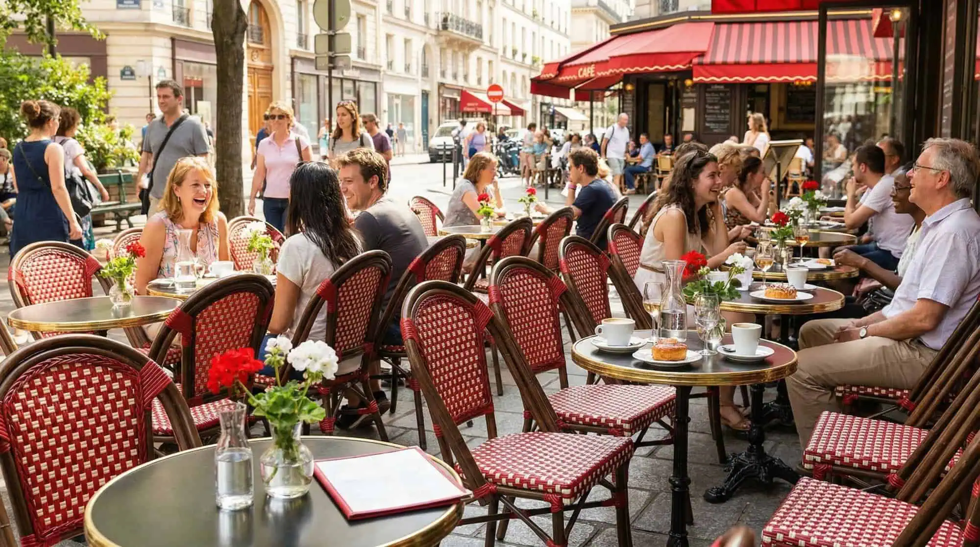 Super-Seat | Vous voyez des chaises en osier rouge avec accoudoirs et de petites tables rondes en métal, à l'extérieur, sur une terrasse très fréquentée. | Mobilier de restauration