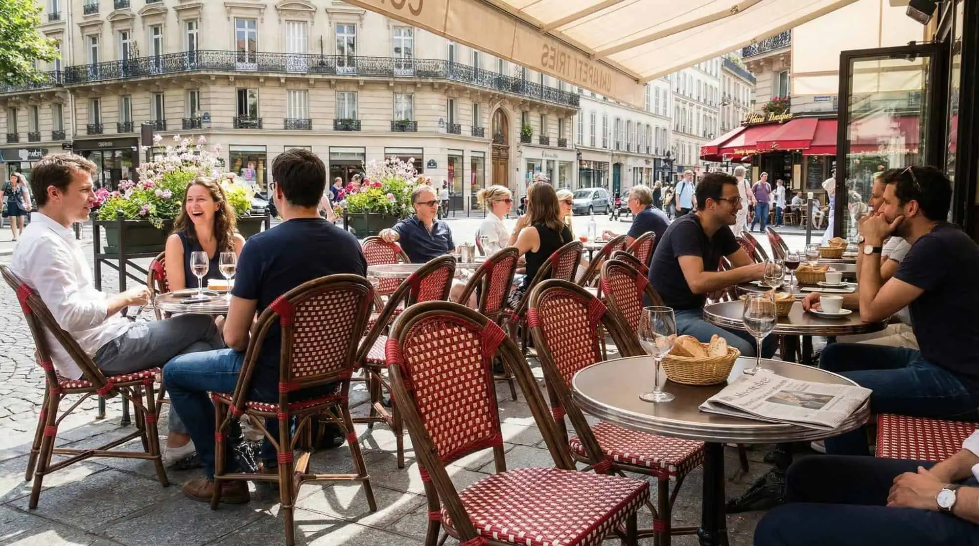 Super-Seat | Des personnes s'assoient sur des chaises empilables en osier rouge avec accoudoirs à des tables en métal noir. | Mobilier de restauration