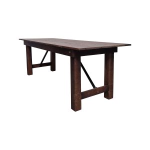 Super-Seat | Table de ferme brun foncé | Bois brun foncé riche ; design rustique avec des pieds robustes et des poutres de soutien diagonales. 220x80 cm. | Mobilier de restauration