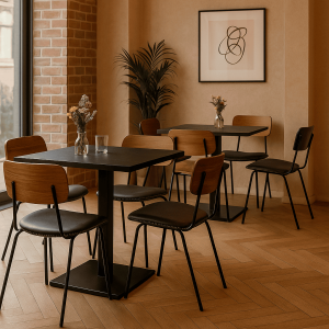 Super-Seat |Deux tables de cantine en mélamine noire 67x67cm avec base|Zwarte melamine tafels, houten stoelen, vazen met bloemen in een modern café. | Horecameubilair