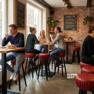 Super-Seat | Industriële kroeg barkrukken bordeaux rood | Bordeaux rode barkrukken van leer, houten tafels and stoelen in een gezellig bakstenen café. | Horecameubilair