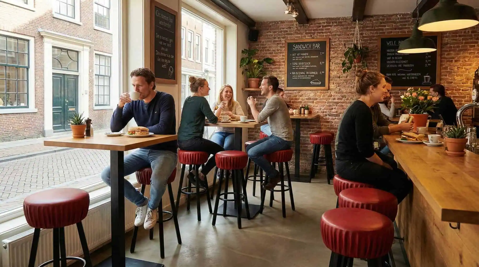 Super-Seat | Tabourets de bar industriels rouge bordeaux | Tabourets de bar en cuir rouge bordeaux, tables et chaises en bois dans un pub accueillant en briques. | Mobilier de restauration