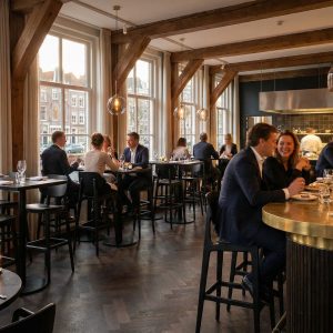 Super-Seat | Zwarte barkrukken van hout en staal aan een messing bar, omgeven door warme houten details. | Horecameubilair