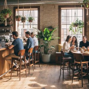 Super-Seat | Tabourets de bar noirs en métal et en bois à des tables hautes, café lumineux avec beaucoup de plantes. | Mobilier de restauration