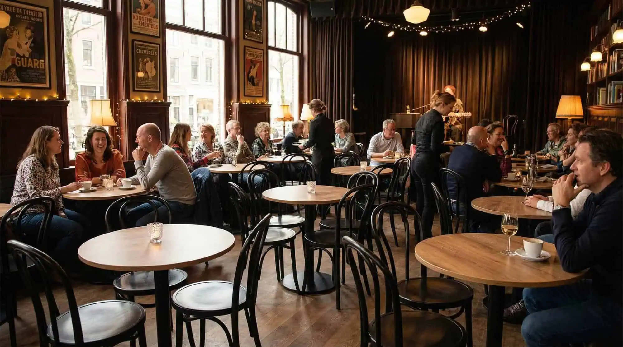 Super-Seat | Café Interior Tables en bois, chaises empilables en bois noir et affiches vintage dans un café à l'éclairage d'ambiance chaleureux. | Mobilier de restauration