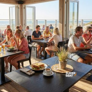 Super-Seat | Tables en mélamine noire 120x67cm avec base en métal, vue sur la mer, chaises de plage légères. | Mobilier de restauration