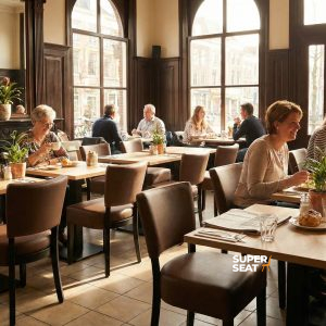 Super-Seat | Chaises et tables inspiration | Chaises, tables et tabourets de bar en bois brun foncé dans un café lumineux avec de grandes fenêtres et des plantes. | Mobilier de restauration