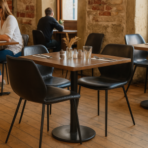 Super-Seat | Une petite table en bois vintage pour deux avec Chaises en cuir vintage Seashell Ocean noir | Donkerhouten tafel, zwarte vintage leren stoelen, servies, glazen en vaas met droogbloemen. | Horecameubilair