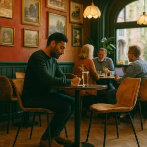 Super-Seat |Een man zit alleen aan een tafel in een café. Zwarte vintage leren stoelen, houten vloeren, houten tafels, warme verlichting, kunst aan de muur. | Horecameubilair