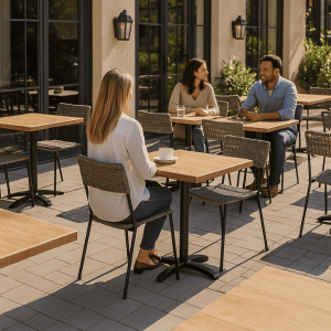 Super-Seat | Werzalit plateau de table pour restaurant terrasse atacama 70 x 70 cm | Moderne terrastafels van grijs werzalit, metalen poten, bijpassende stoelen. | Horecameubilair