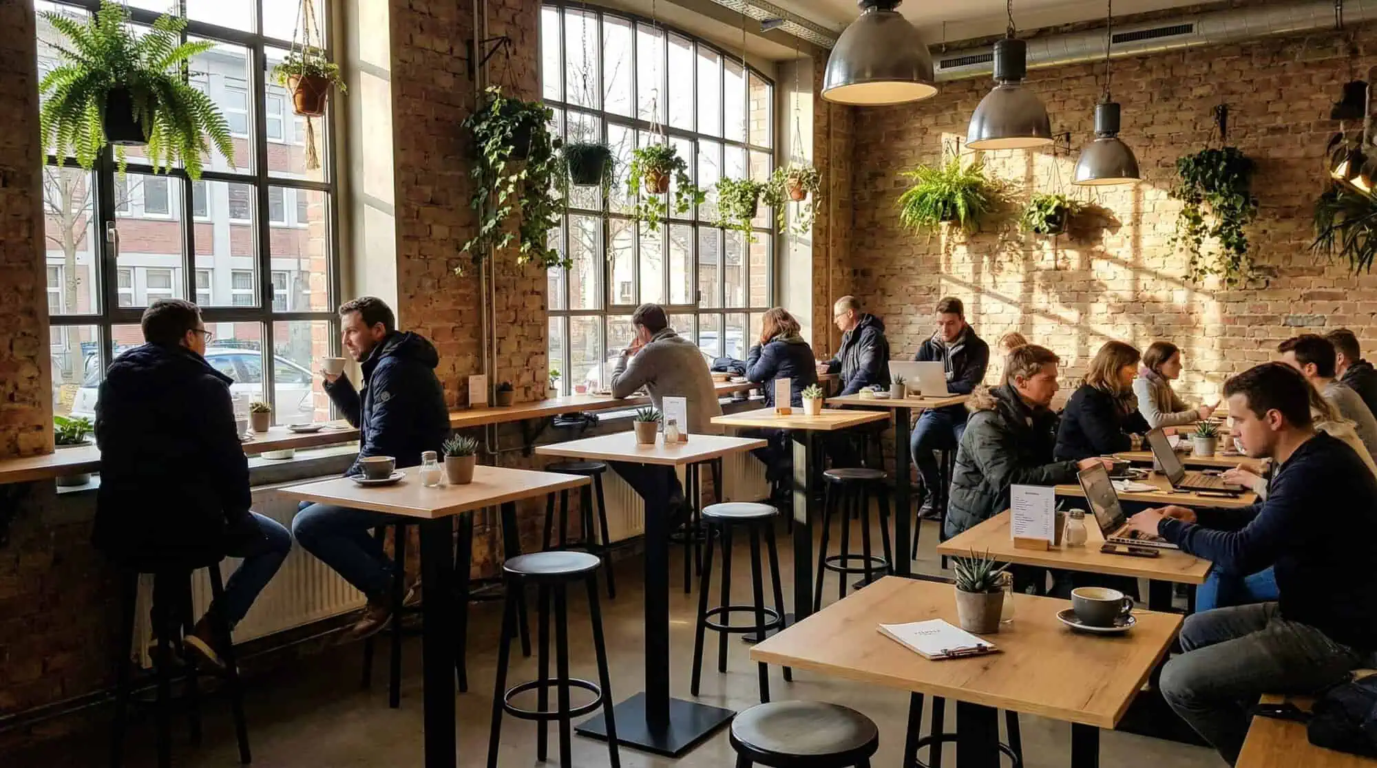 Super-Seat | Tabourets et tables de bar en métal noir dans un café moderne avec des murs en briques, beaucoup de verre et de plantes. | Mobilier de restauration
