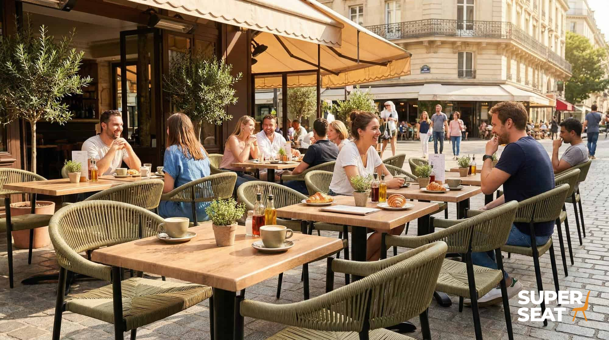 Super-Seat | Wermodin hospitalité patio table top Atacama 70x70cm Chaises vertes en métal, tables en bois, auvent beige et plantes dans la rue. | Mobilier de restauration