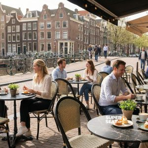 Tables rondes en marbre HPL noir, chaises en métal au bord d'un canal avec des bâtiments en briques et des bicyclettes. | Mobilier de restauration