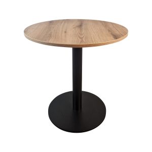 Super-Seat | Table ronde 67 cm en mélaminé chêne | Plateau brun clair, base cylindrique noire, finition lisse, veinage visible. Durable pour l'hôtellerie. | Mobilier de restauration