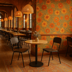 Super-Seat | Table de restaurant en mélamine chêne ronde 67 cm avec socle | Table ronde au look unique avec des chaussures noires, des fleurs orange, des lampes rotatives. | Horecameubilair
