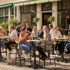 Super-Seat | Prague (terrasse) tabourets de bar en osier avec accoudoir | Chaises et tabourets de bar en osier tressé avec structure métallique, tables en bois à l'extérieur d'un restaurant. | Mobilier de restauration