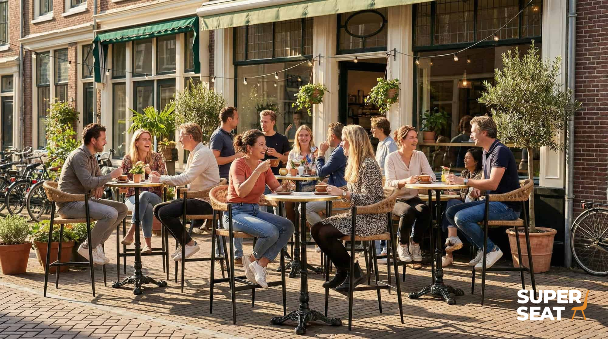 Super-Seat | Prague (terrasse) tabourets de bar en osier avec accoudoir | Chaises et tabourets de bar en osier tressé avec structure métallique, tables en bois à l'extérieur d'un restaurant. | Mobilier de restauration