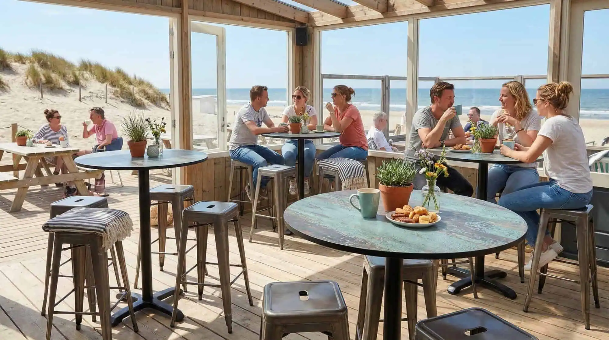 Super-Seat | Tables debout en métal noir, chaises en bois à l'extérieur et à l'intérieur avec vue sur la plage et la mer. | Mobilier de restauration