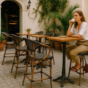 Super-Seat | Une femme vêtue d'un haut blanc et d'un pantalon beige est assise seule à une table de café dans un patio... | Buiten terras met beige stoffen barkrukken op bruine houten poten, witte kopjes, planten en sten muur. | Horecameubilair