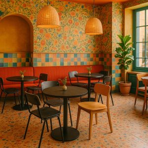 Super-Seat | Un intérieur de café confortable | Tafels ronds en mélamine noire, sous-plats métalliques, mix houten stoelen, banque rode fluwelen. | Horecameubilair